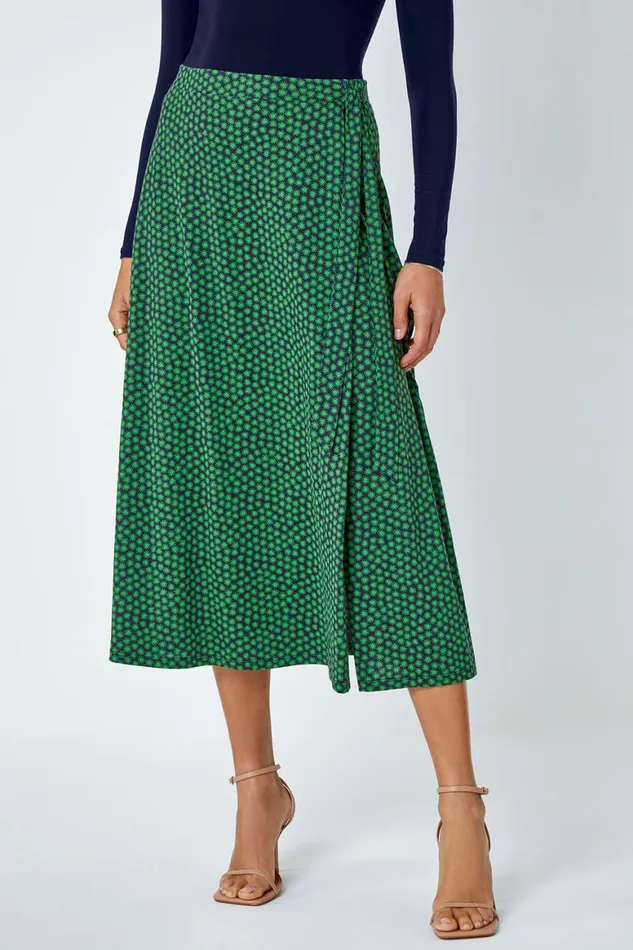 Women Green Cotton Blend Spot Print Midi Wrap Skirt Roman Skirts