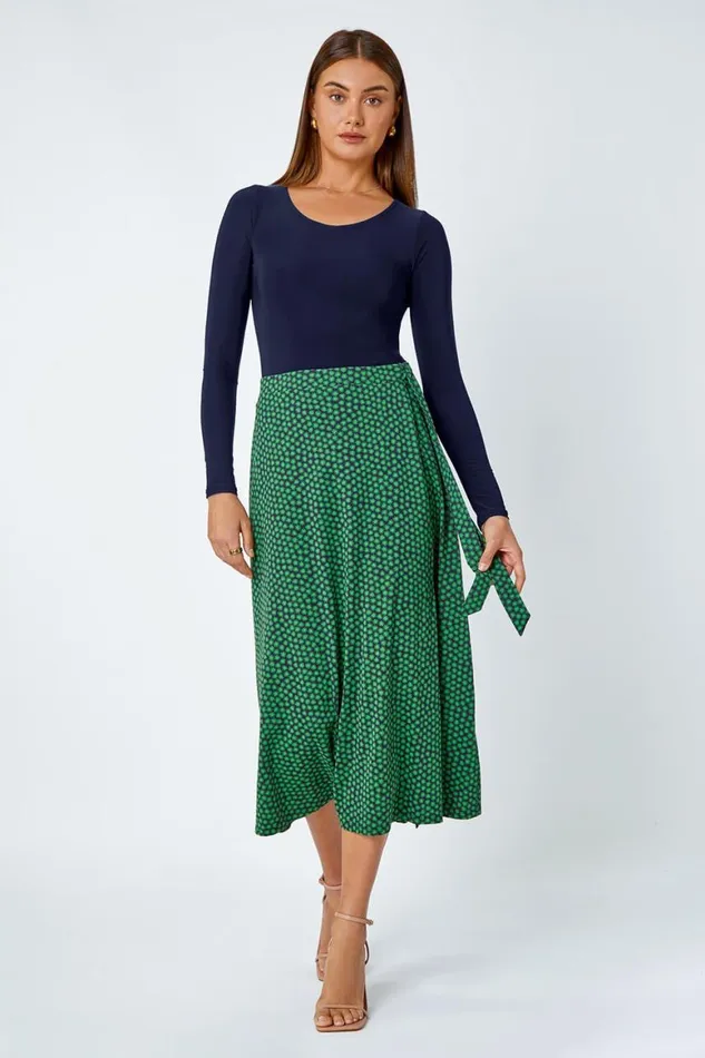 Women Green Cotton Blend Spot Print Midi Wrap Skirt Roman Skirts