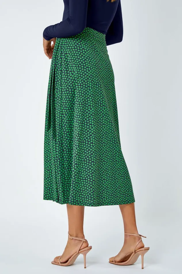 Women Green Cotton Blend Spot Print Midi Wrap Skirt Roman Skirts
