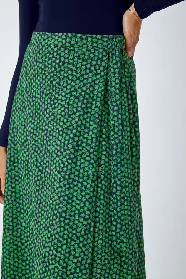Women Green Cotton Blend Spot Print Midi Wrap Skirt Roman Skirts