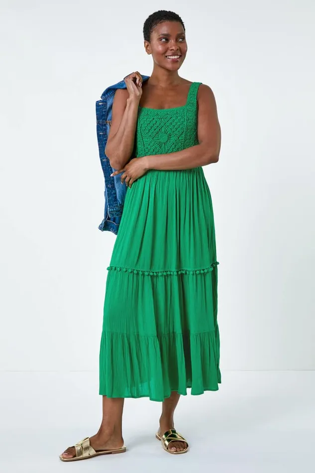 Women Green Crochet Detail Cotton Blend Maxi Dress Roman Dresses