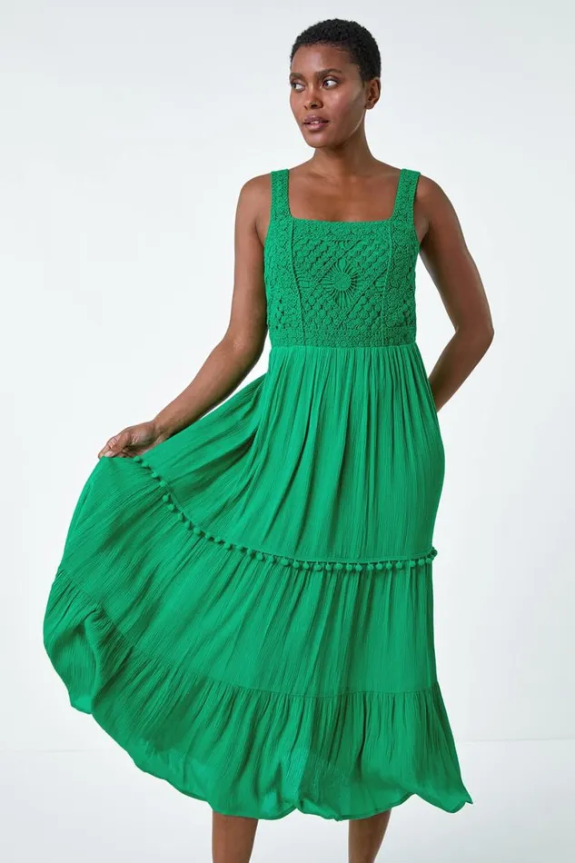 Women Green Crochet Detail Cotton Blend Maxi Dress Roman Dresses