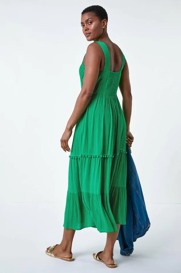 Women Green Crochet Detail Cotton Blend Maxi Dress Roman Dresses
