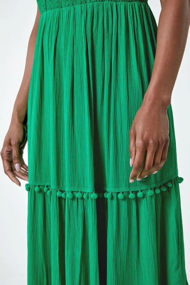 Women Green Crochet Detail Cotton Blend Maxi Dress Roman Dresses