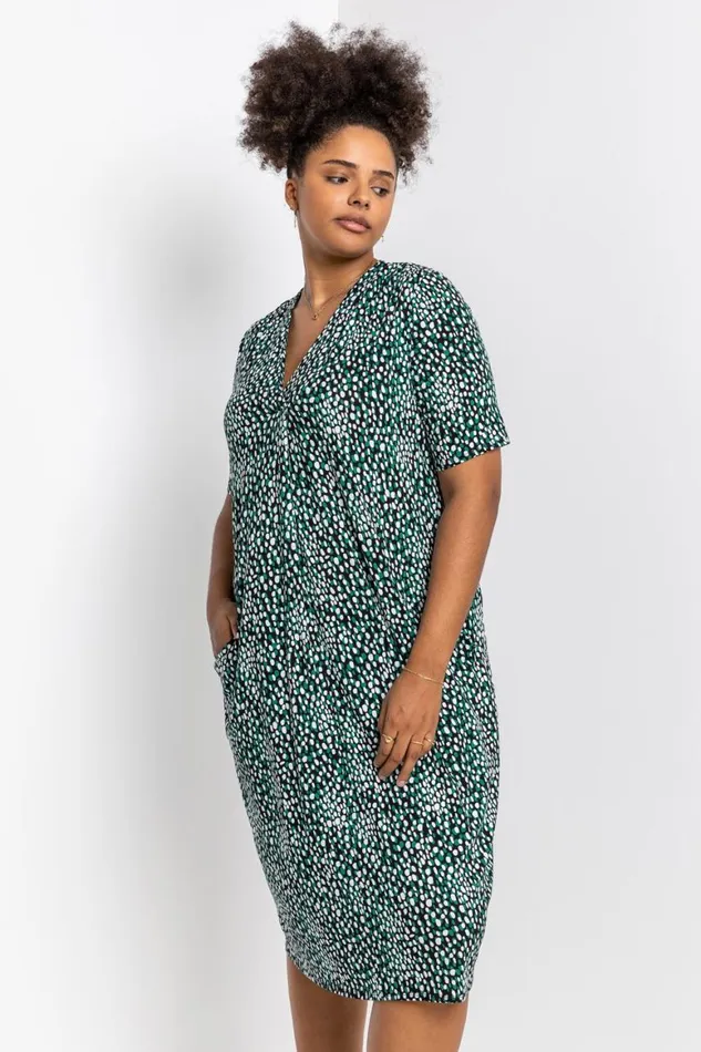 Women Green Curve Abstract Spot Print Pocket Dress Roman Dresses