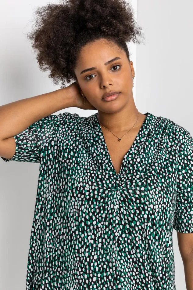 Women Green Curve Abstract Spot Print Pocket Dress Roman Dresses