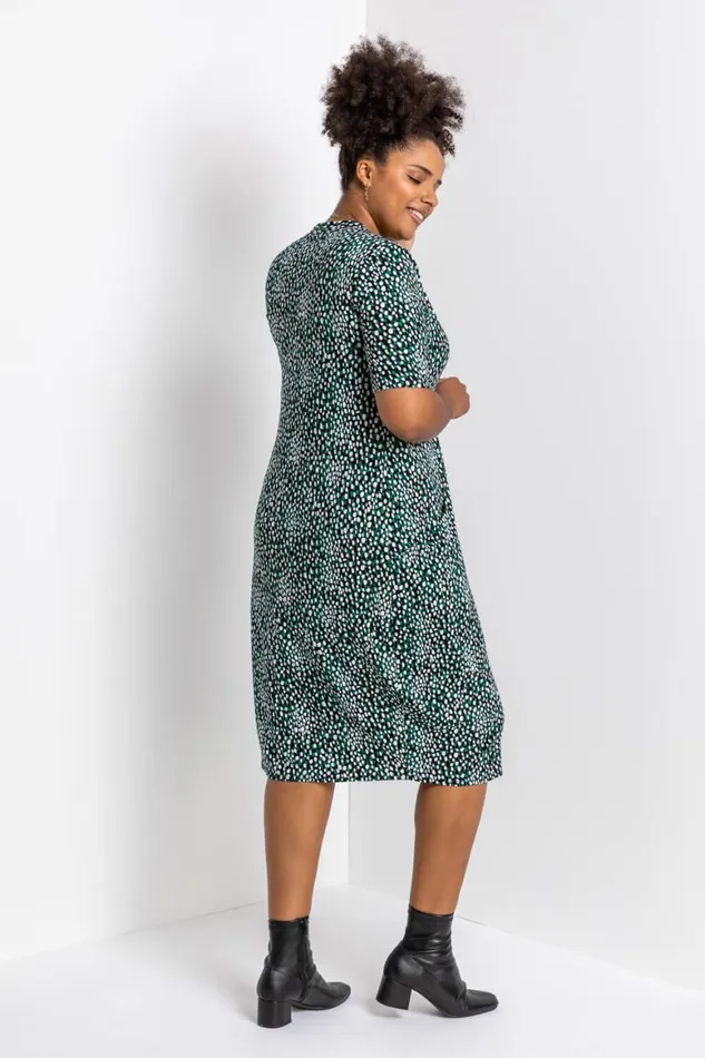 Women Green Curve Abstract Spot Print Pocket Dress Roman Dresses