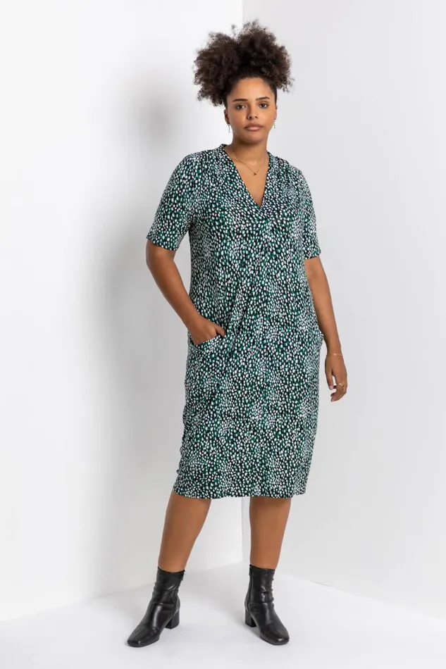 Women Green Curve Abstract Spot Print Pocket Dress Roman Dresses