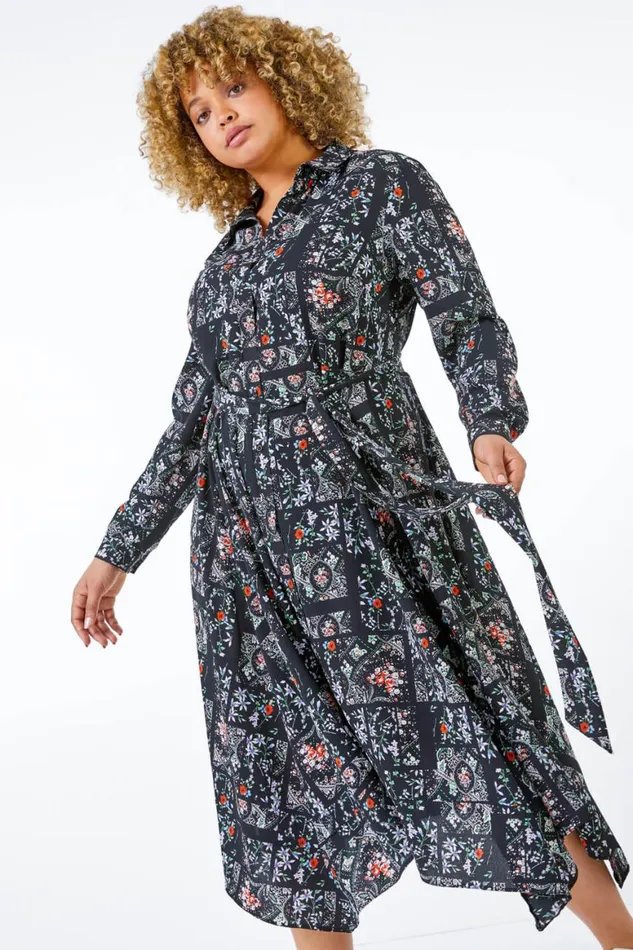 Women Green Curve Ditsy Print Hanky Hem Shirt Dress Roman Dresses