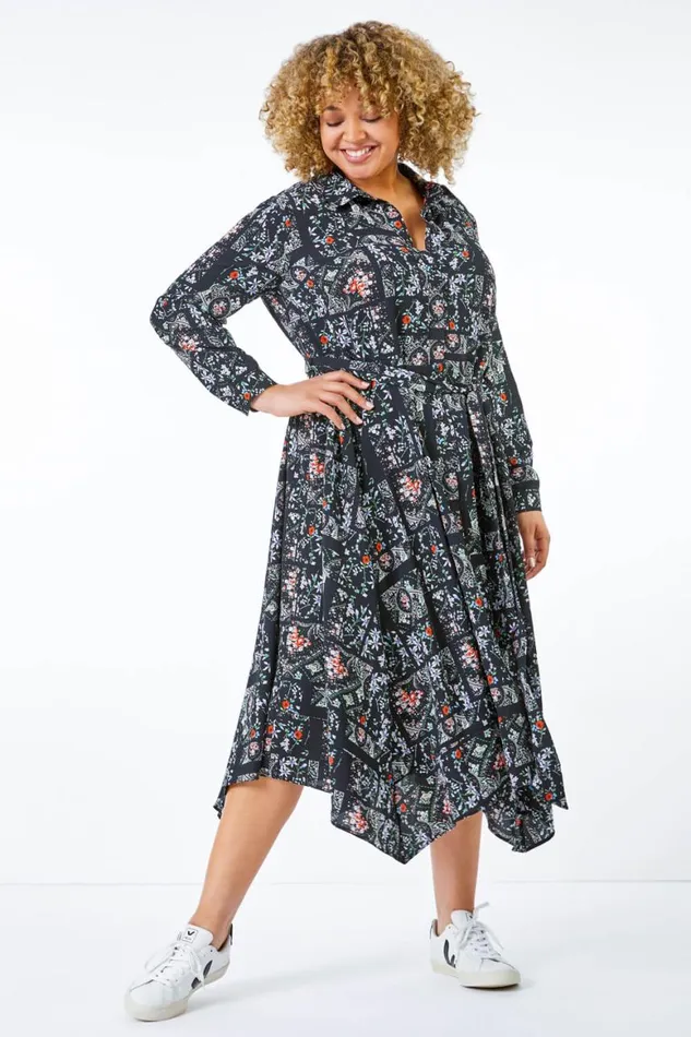 Women Green Curve Ditsy Print Hanky Hem Shirt Dress Roman Dresses