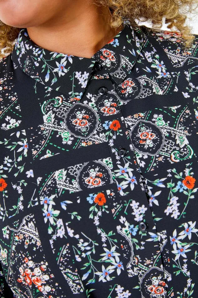 Women Green Curve Ditsy Print Hanky Hem Shirt Dress Roman Dresses