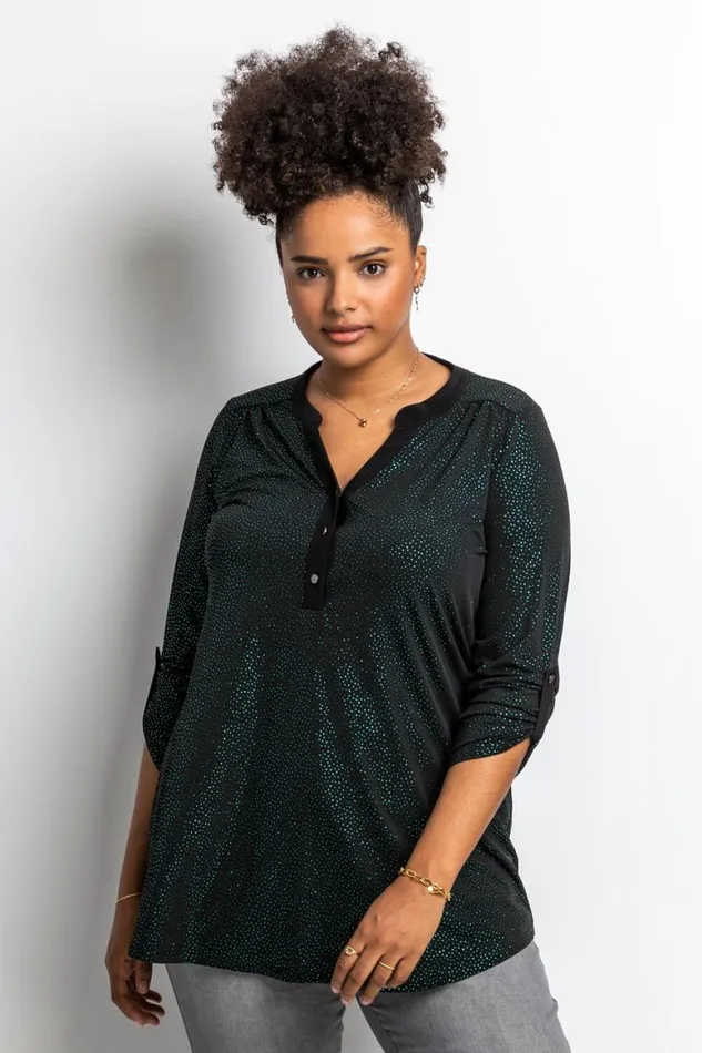 Women Green Curve Glitter Button Tunic Top Roman Tops