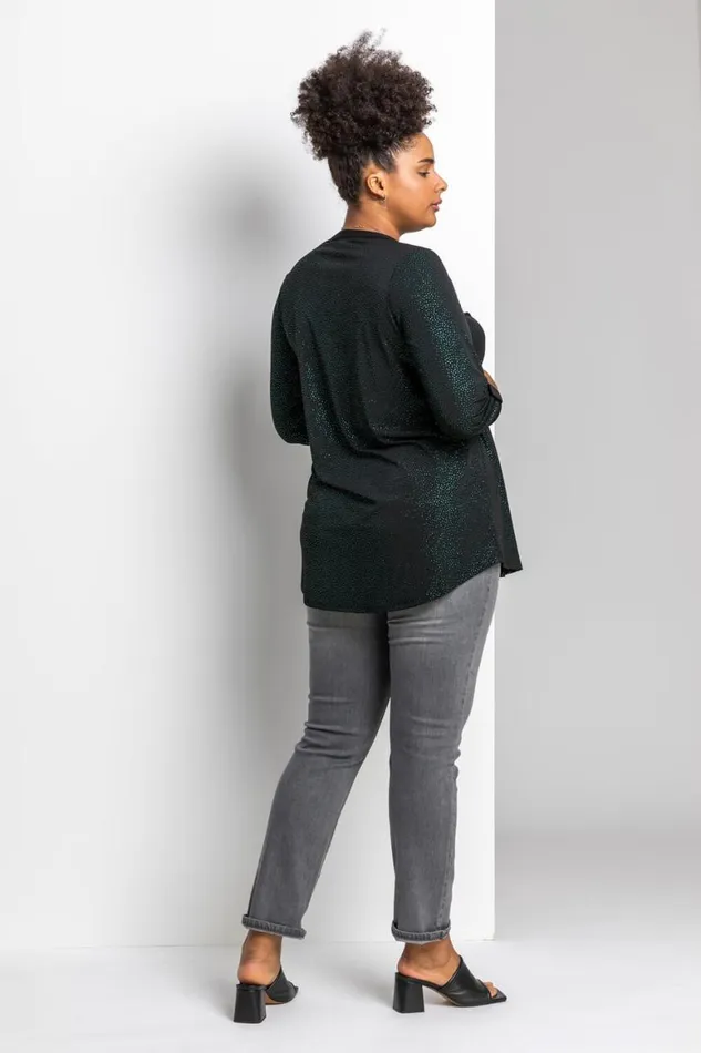 Women Green Curve Glitter Button Tunic Top Roman Tops