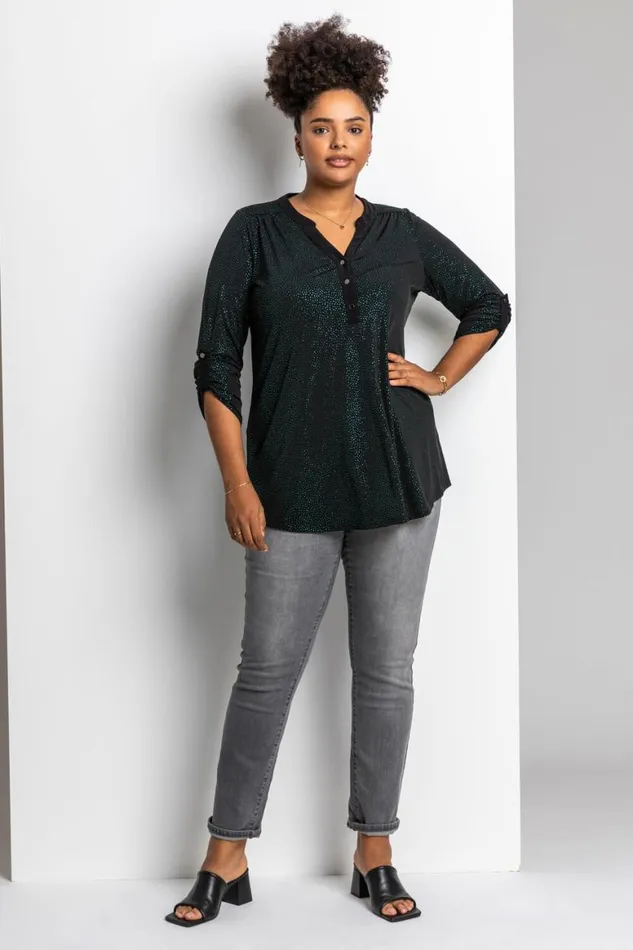 Women Green Curve Glitter Button Tunic Top Roman Tops