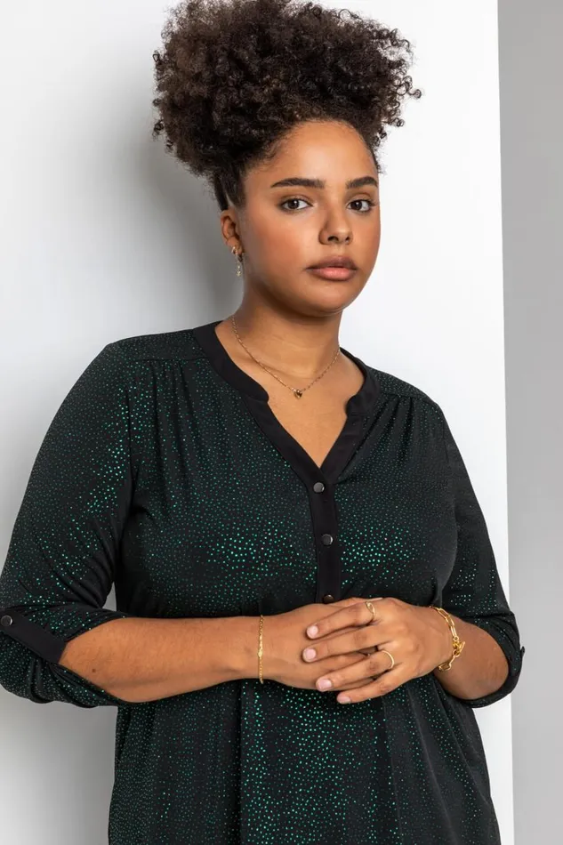 Women Green Curve Glitter Button Tunic Top Roman Tops