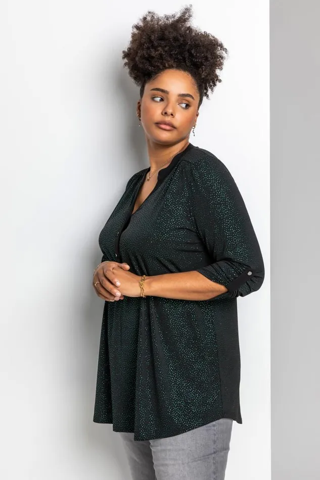 Women Green Curve Glitter Button Tunic Top Roman Tops