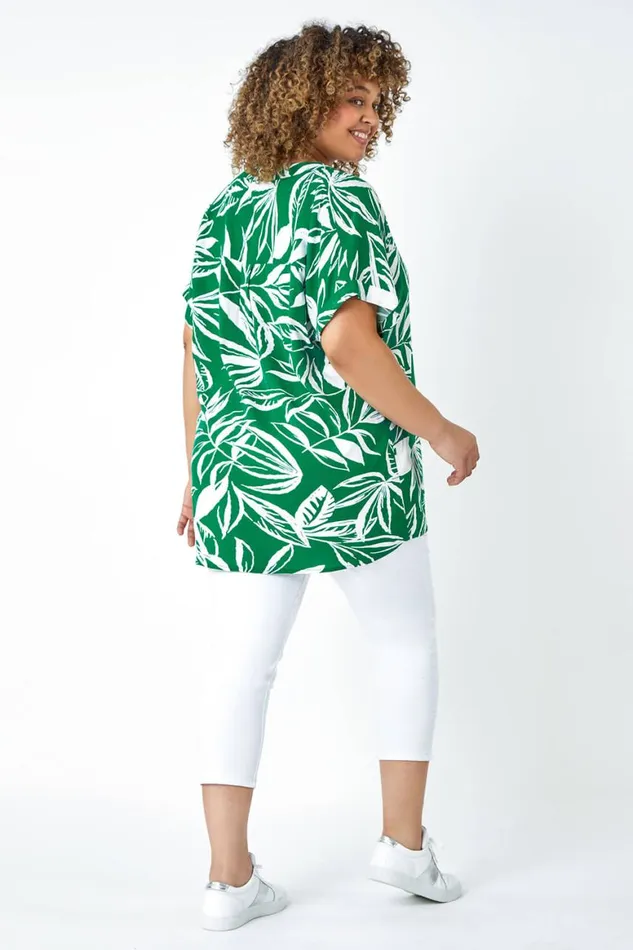 Women Green Curve Leaf Print Notch Neck Top Roman Tops