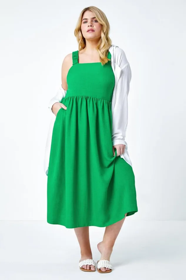 Women Green Curve Linen Look Ruched Midi Dress Roman Dresses