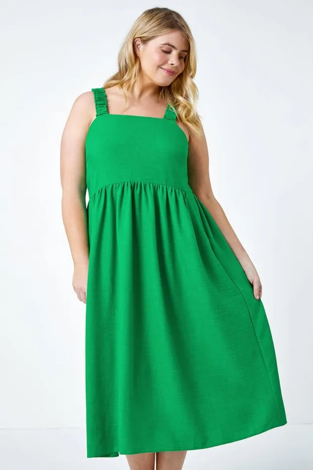 Women Green Curve Linen Look Ruched Midi Dress Roman Dresses