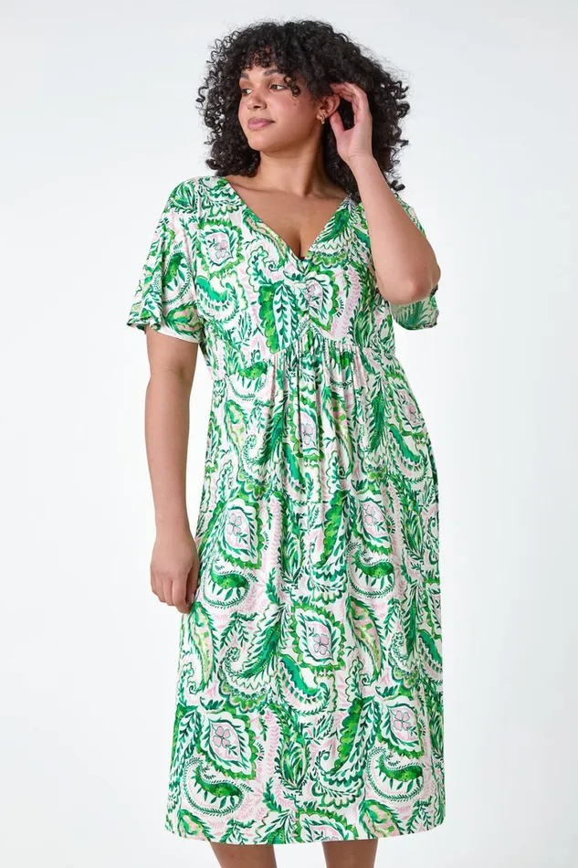 Women Green Curve Ruched Front Paisley Print Dress Roman Dresses