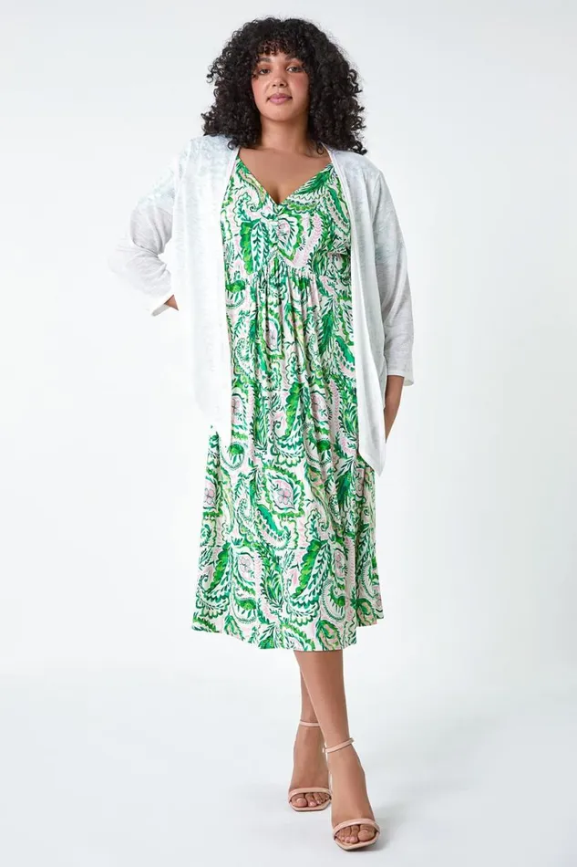 Women Green Curve Ruched Front Paisley Print Dress Roman Dresses