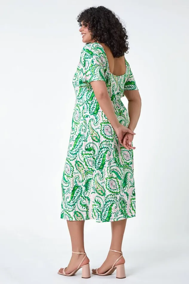 Women Green Curve Ruched Front Paisley Print Dress Roman Dresses