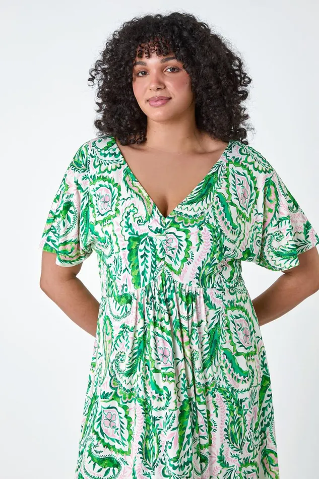 Women Green Curve Ruched Front Paisley Print Dress Roman Dresses