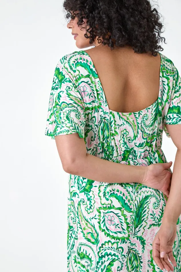 Women Green Curve Ruched Front Paisley Print Dress Roman Dresses