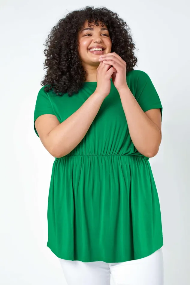 Women Green Curve Shirred Waist Tunic Top Roman Tops