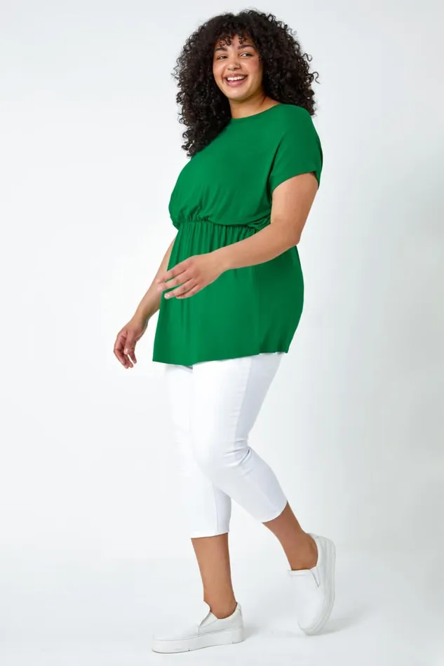 Women Green Curve Shirred Waist Tunic Top Roman Tops