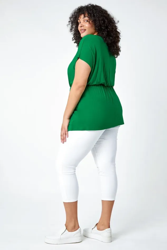 Women Green Curve Shirred Waist Tunic Top Roman Tops