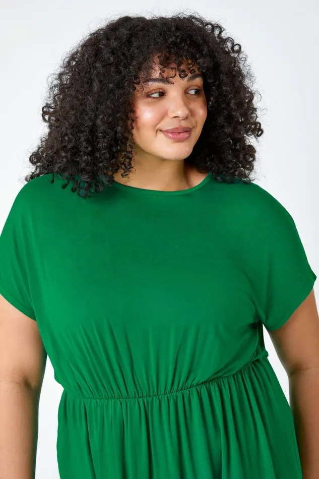 Women Green Curve Shirred Waist Tunic Top Roman Tops