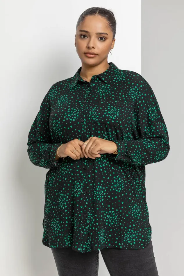 Women Green Curve Star Heart Print Oversized Shirt Roman Tops