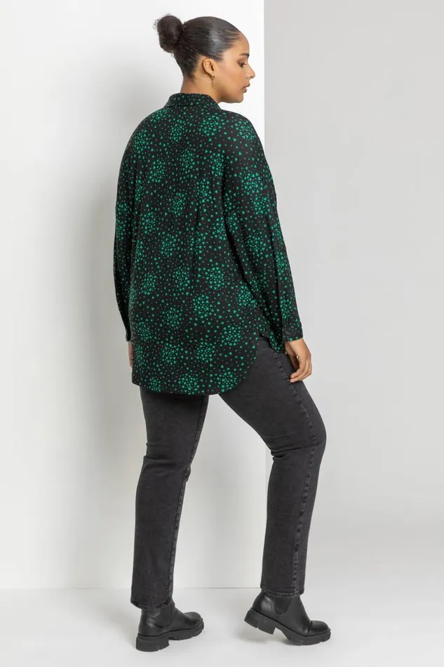 Women Green Curve Star Heart Print Oversized Shirt Roman Tops