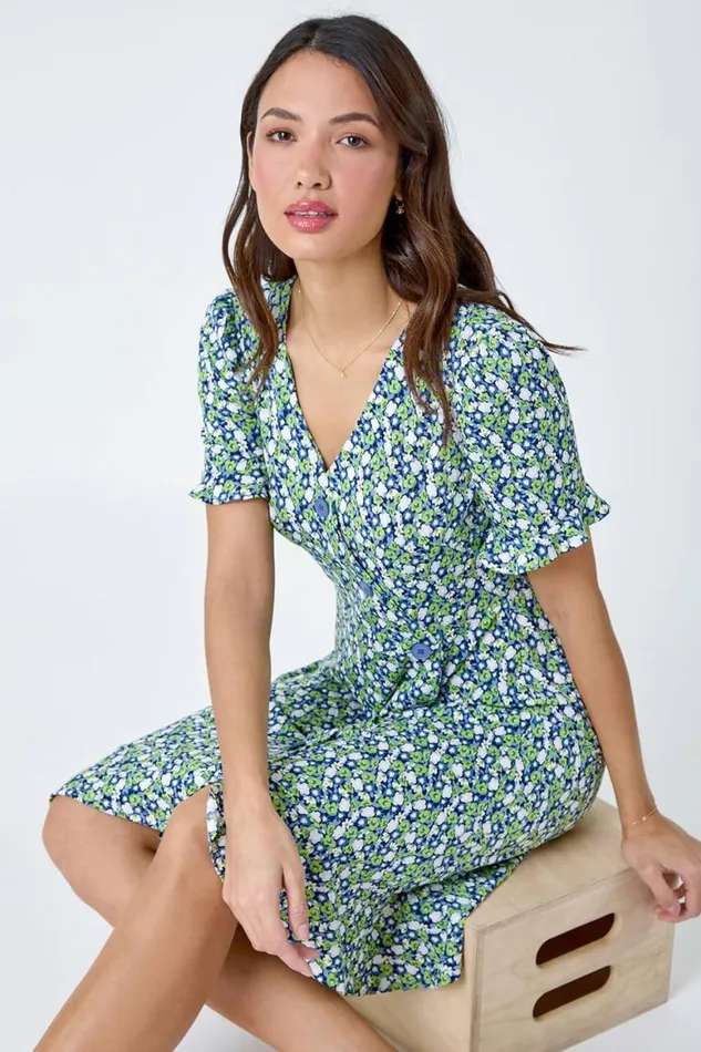 Women Green Ditsy Floral Side Button Dress Roman Dresses