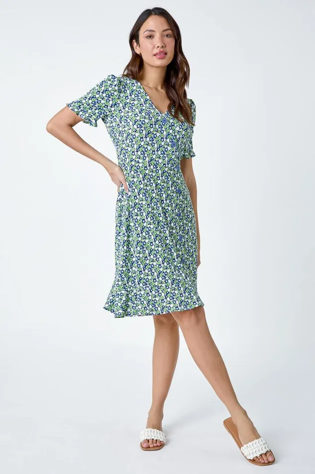 Women Green Ditsy Floral Side Button Dress Roman Dresses