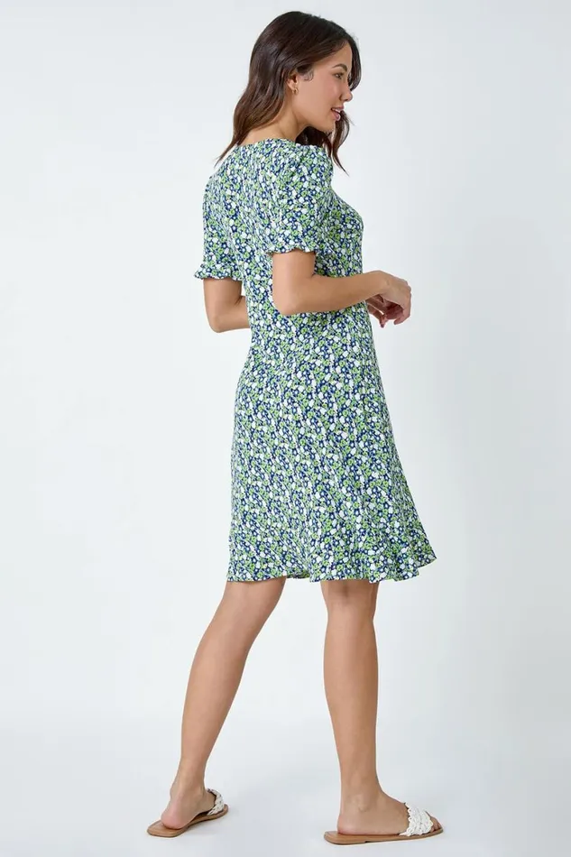 Women Green Ditsy Floral Side Button Dress Roman Dresses