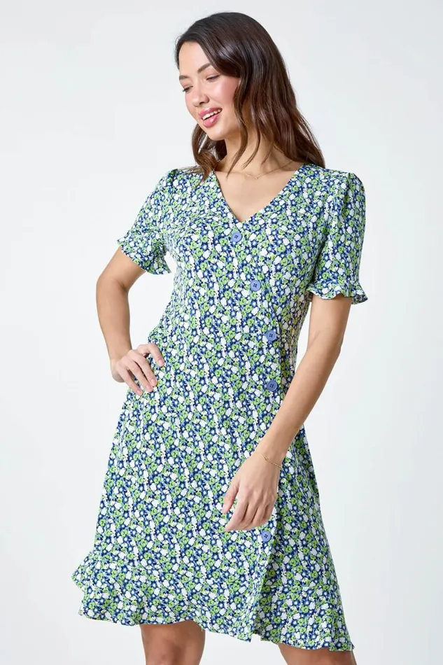 Women Green Ditsy Floral Side Button Dress Roman Dresses