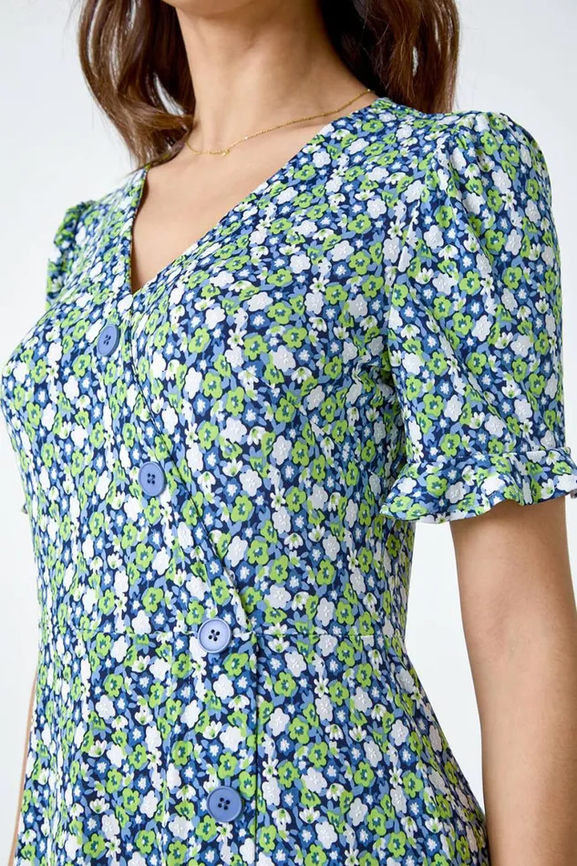 Women Green Ditsy Floral Side Button Dress Roman Dresses