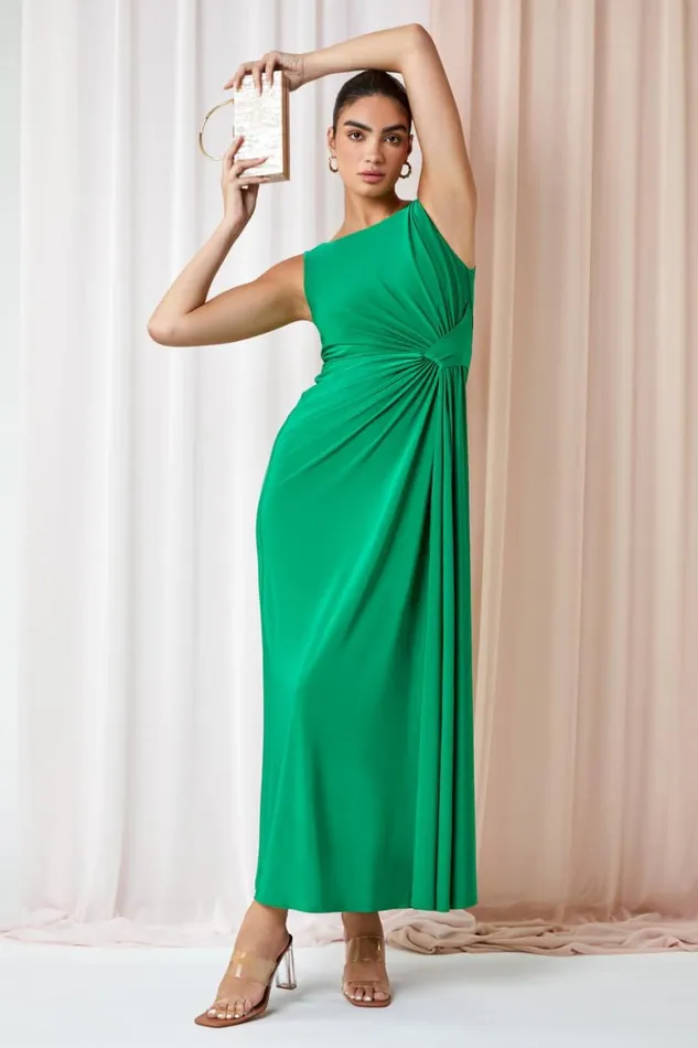 Women Green Drape Twist Stretch Ruched Maxi Dress Roman Dresses