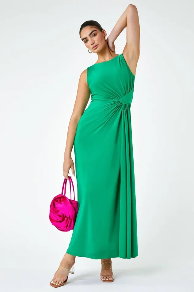 Women Green Drape Twist Stretch Ruched Maxi Dress Roman Dresses