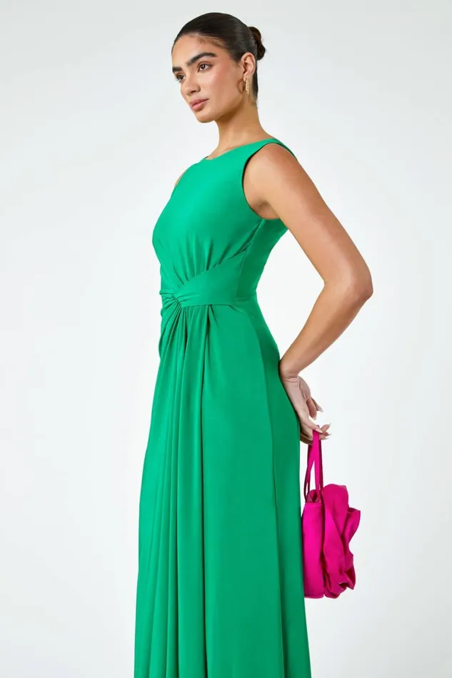 Women Green Drape Twist Stretch Ruched Maxi Dress Roman Dresses
