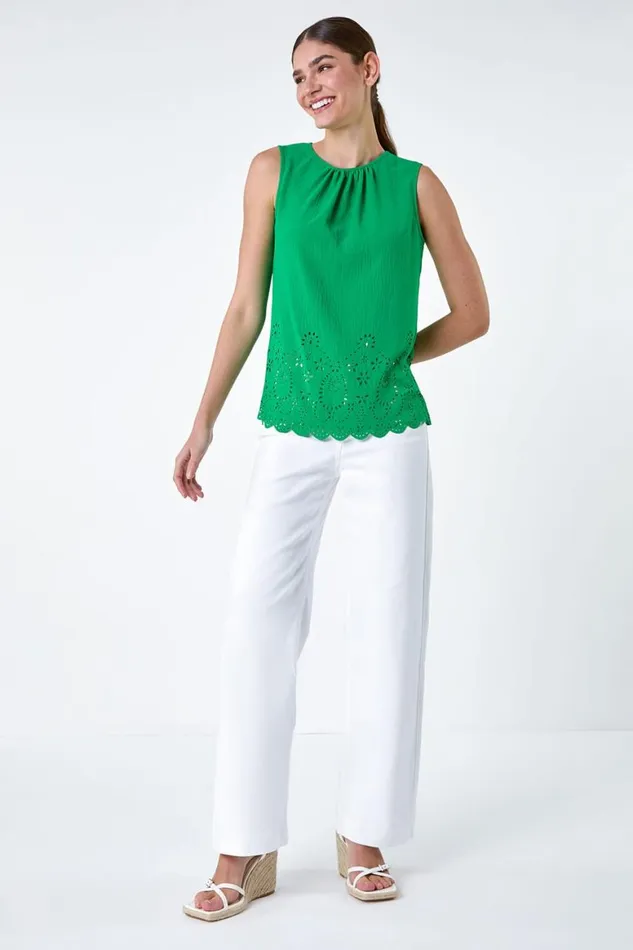 Women Green Floral Hem Detail Sleeveless Top Roman Tops