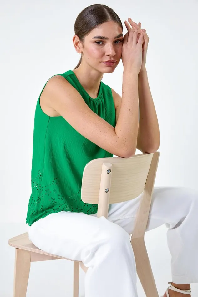 Women Green Floral Hem Detail Sleeveless Top Roman Tops