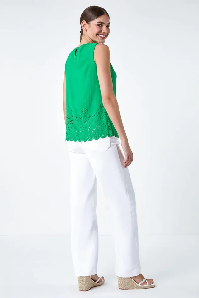 Women Green Floral Hem Detail Sleeveless Top Roman Tops