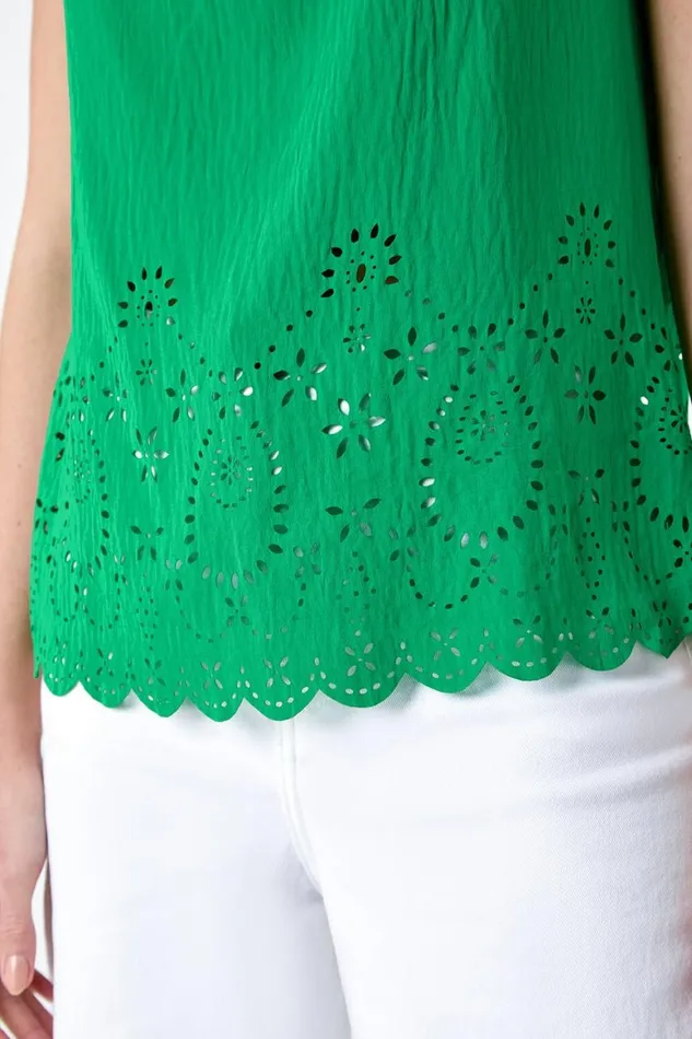 Women Green Floral Hem Detail Sleeveless Top Roman Tops