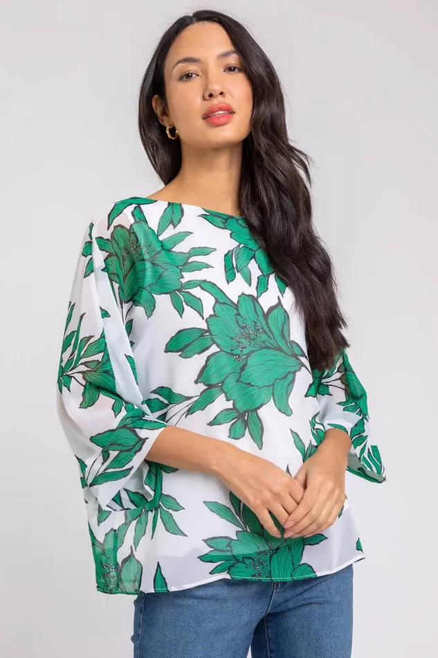 Women Green Floral Print Chiffon Overlay Top Roman Tops