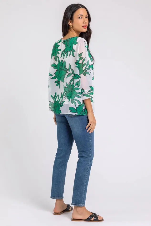 Women Green Floral Print Chiffon Overlay Top Roman Tops