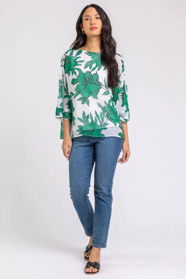 Women Green Floral Print Chiffon Overlay Top Roman Tops