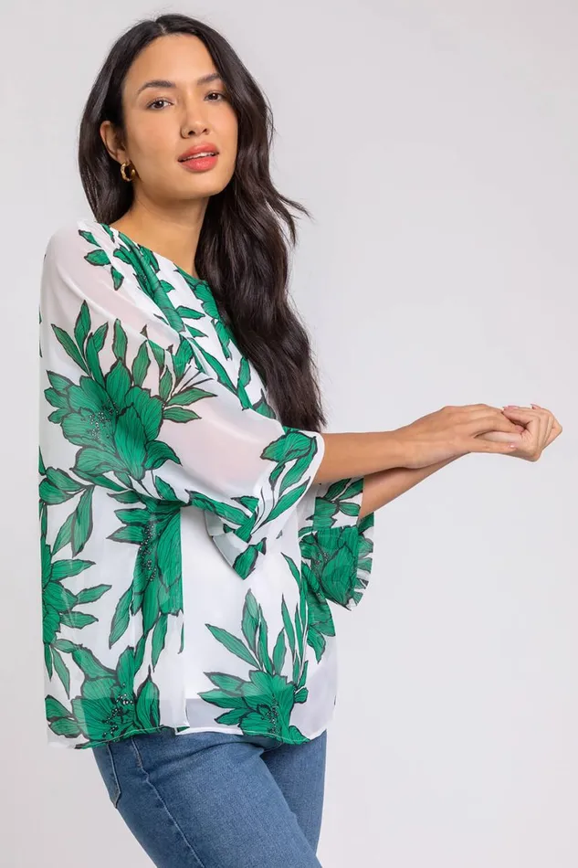 Women Green Floral Print Chiffon Overlay Top Roman Tops